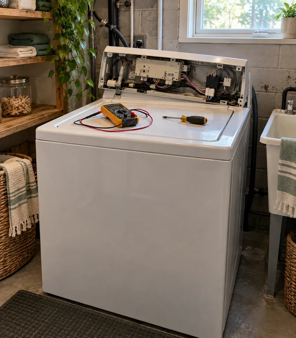 Top-load washer with the control console tilted forward for testing the lid lock