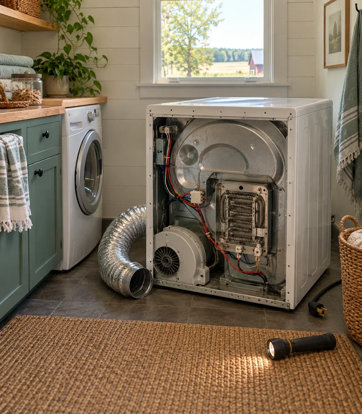 Electric dryer with the rear panel removed, heating element housing visible