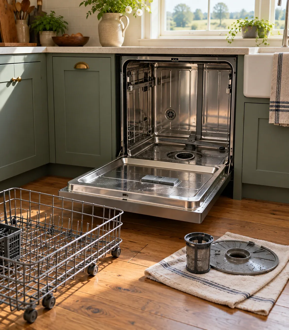 Dishwasher with the lower rack out and the sump cover removed