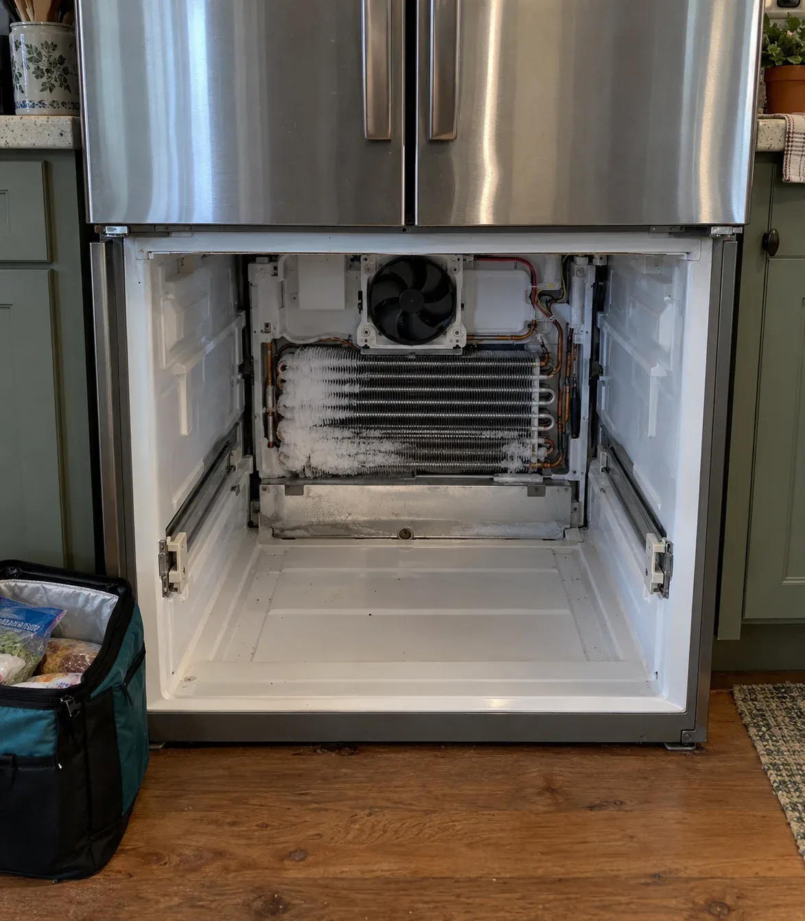 Refrigerator freezer compartment with the back panel removed, fan motor visible