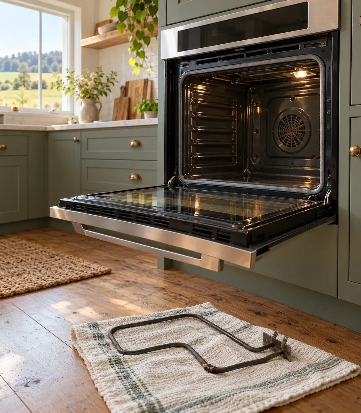 Wall oven with the door open and a failed bake element on the oven floor