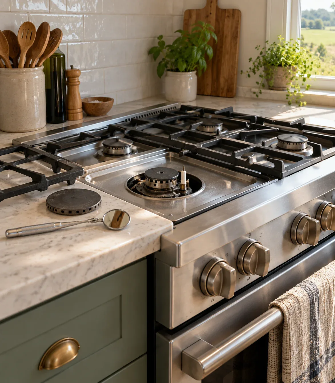 Gas range cooktop with the grate and burner cap lifted off one burner